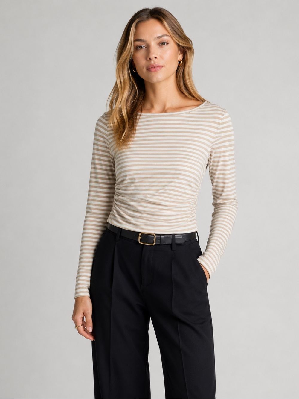 Madewell Ruched Crewneck Long Sleeve Soft Tee NWT Medium Coastal Dune Stripe